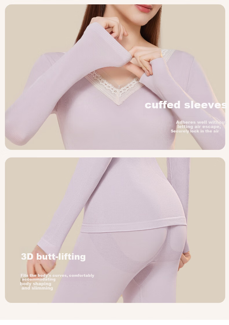 GUJIN Women's Thermal Underwear Set Wool V-Neck Slim Fit Base Layer Autumn Top and Bottom Without Bra 8