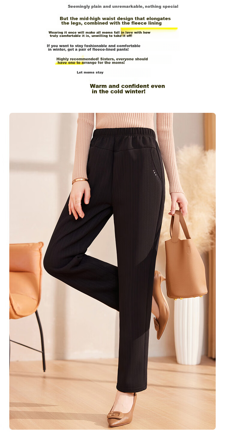 Pastel Windproof Thickened Fleece-Lined Winter Tapered Pants Elastic High Waist Middle-Aged and Elderly Mom Black L 9