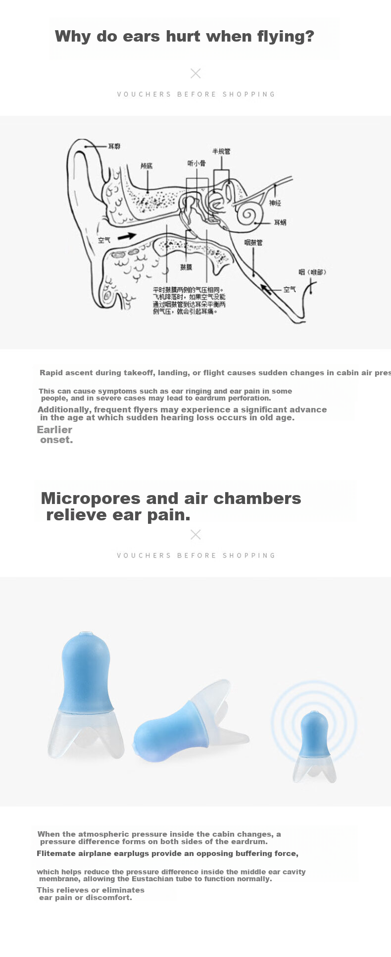 Flight Pressure Relief Earplugs Silicone Noise Reduction Soundproof for Airplane and High-Speed Rail Adult Standard Size Sea Salt Blue 3