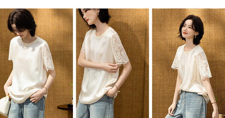 Demana [100 Acetate] Summer Glossy Lace Trim Short Sleeve Ribbed Crew Neck Loose Shirt for Women Premium Feel 6