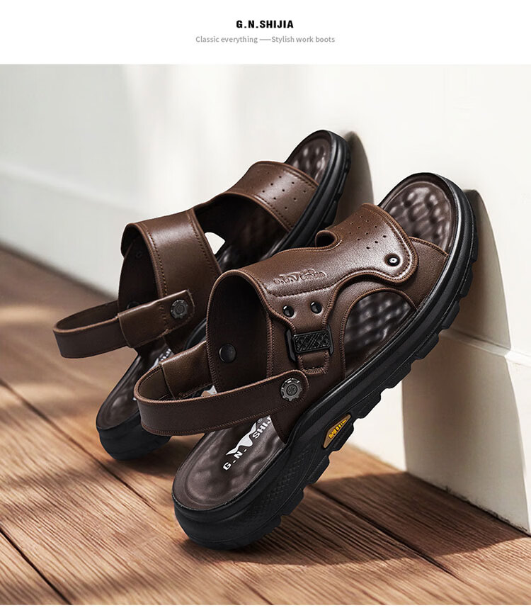 Bull Family Men's Leather Sandals Summer New Thick Sole Durable Genuine Leather Beach Shoes Breathable Versatile Two-Way Slippers 23