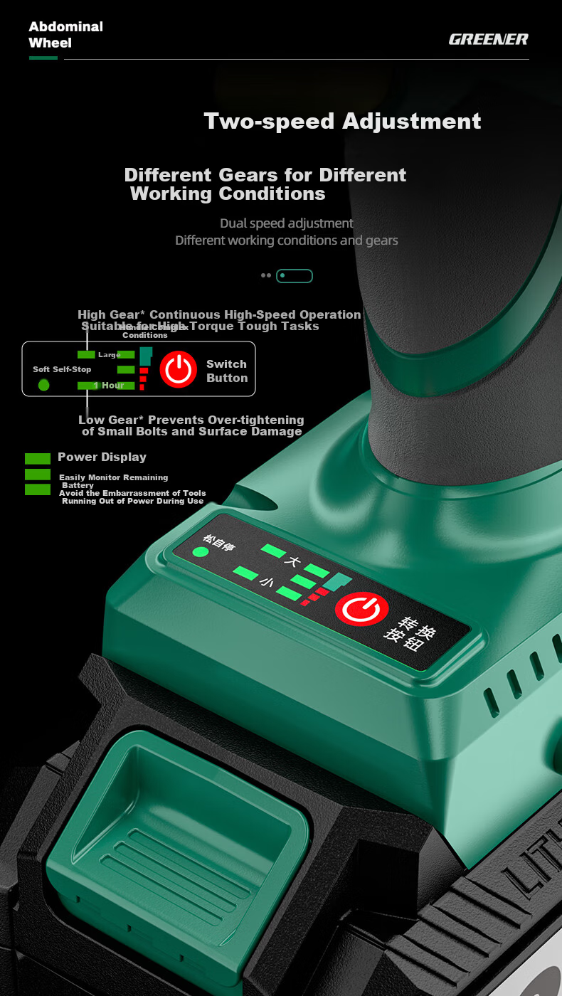 GREENER Brushless Electric Wrench, High Torque Lithium Battery Impact Gun, Auto Repair Stand, Small Impact Plate Tool Set, 600N.m One Battery 9