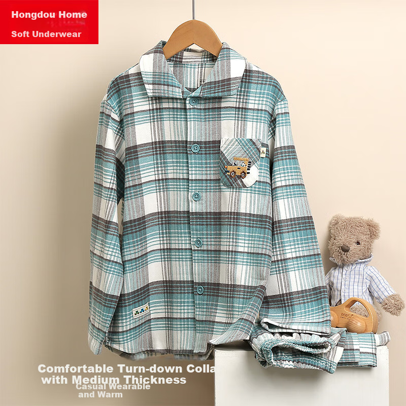 Hodohome Boys' Plaid Cotton Pajamas Brushed Fabric Long Sleeve Cardigan Set 501 Size 120