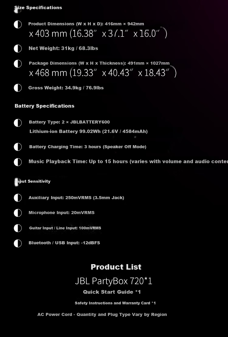 JBL PARTYBOX 720 Party Speaker Outdoor Bluetooth Portable KTV Smart Speaker High Power Music Rhythm Light Show Long Battery Life Speaker 16