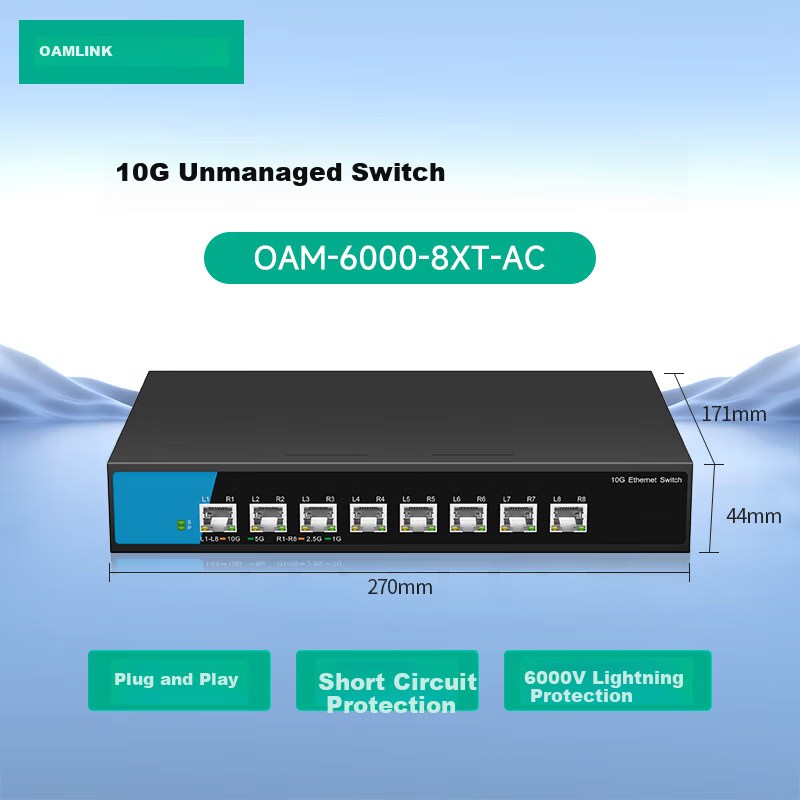 OAMLink 8-Port 10G Ethernet Switch Unmanaged Plug and Play High-Speed OAM-6000-8XT-AC