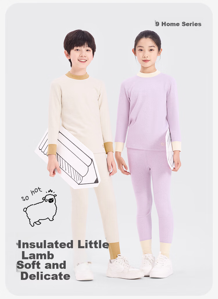 Jiusuibian Kids Thermal Underwear Unisex Autumn Winter Mid-Weight Fleece Lined Wool Blend 7A Antibacterial High Neck School Uniform Base Layer Set 1