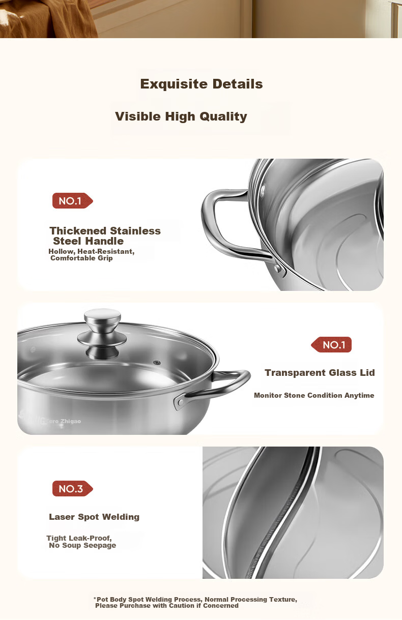 CHIGO 32cm 304 Stainless Steel Hot Pot Soup Pot Large Capacity Household Shabu-Shabu Pot Compatible with Induction Cooker and Gas Stove 16