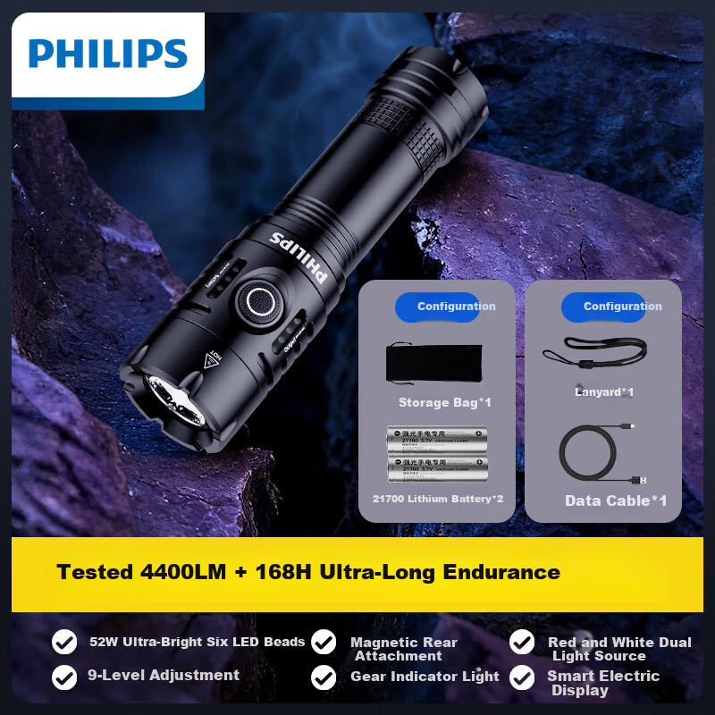 PHILIPS High-Power Flashlight Long Battery Life Outdoor Survival Ultra-Bright Military Long-Range Portable 200000 Lumens