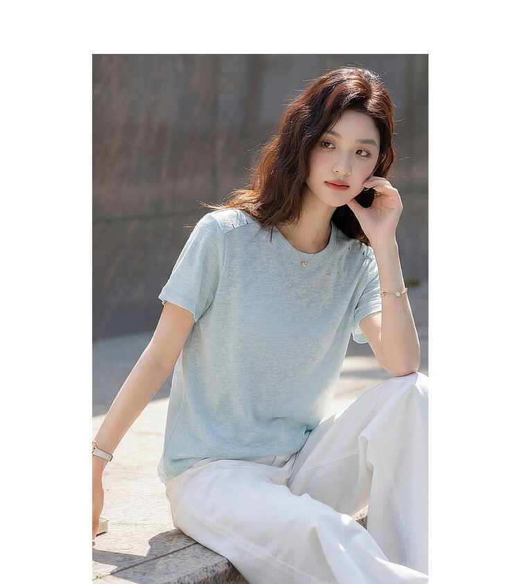 Demana [with Flax Cloud Cotton] Summer Simple Style Color-Block Shoulder Round Neck Slim Loose Fit Women's T-Shirt 16