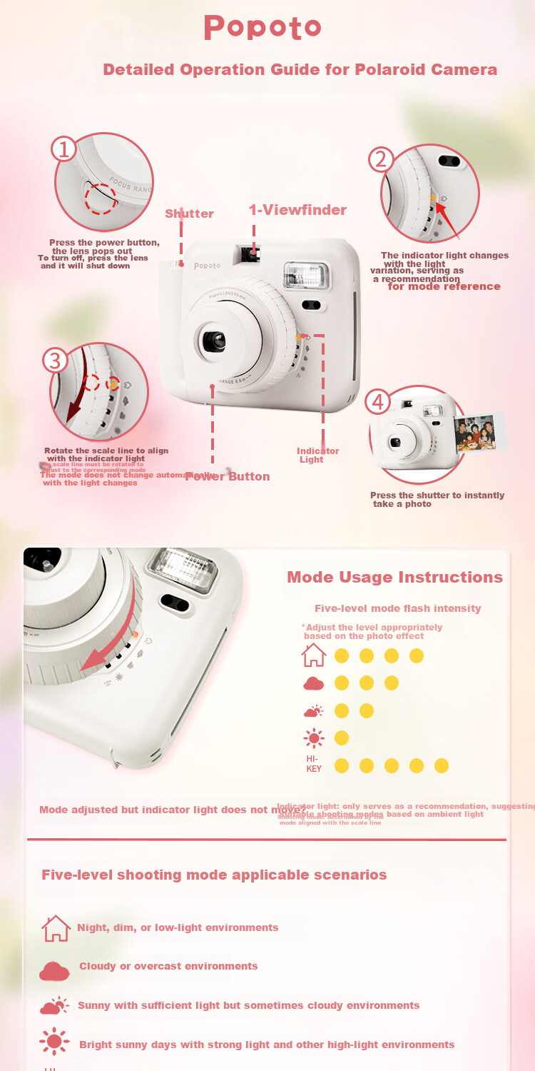 POPOTO Instant Camera Student Selfie Travel Portable One-Time Imaging Camera Gift Box with 10 Photo Papers Rose Blossom Edition 9