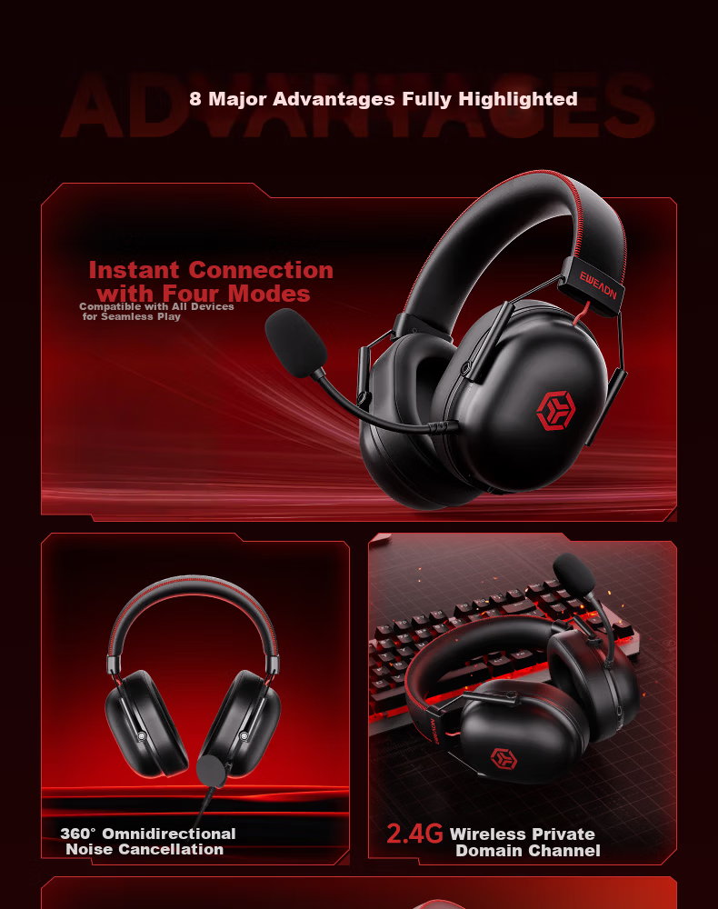 EWEADN VX01S Wireless Bluetooth Four-Mode Wired Gaming Headset Over-Ear 7.1 Surround Sound PC Esports Headphones for FPS Games 2