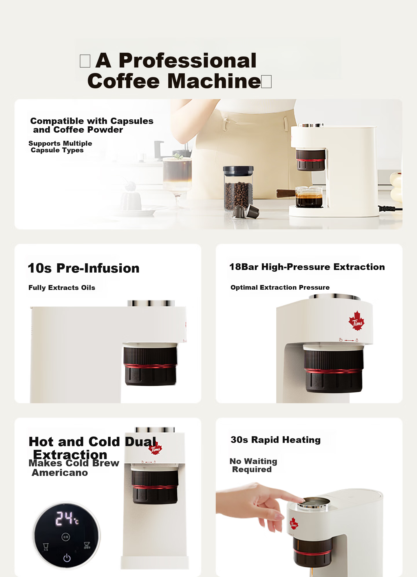 Tim Hortons Tianhao Capsule Coffee Machine Small Portable All-in-One Semi-Automatic Coffee Powder Capsule Dual-Use Office Birthday Gift A2 7