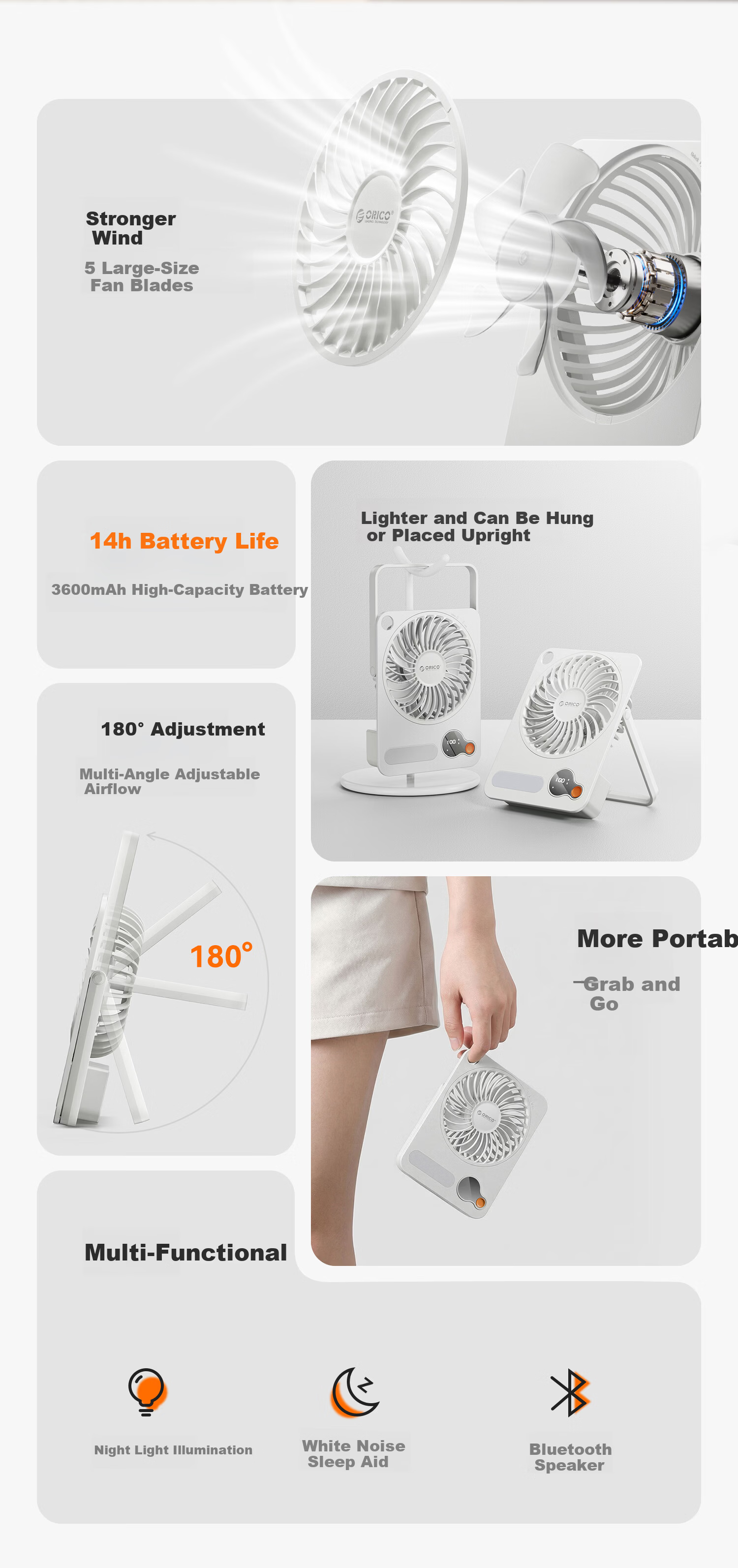 ORICO Desktop USB Rechargeable Quiet Portable Long Battery Life Wall-Mounted Mini Fan with Night Light for Office Student Dormitory Home Bedroom Outdoor Small Fan dFAN2 4