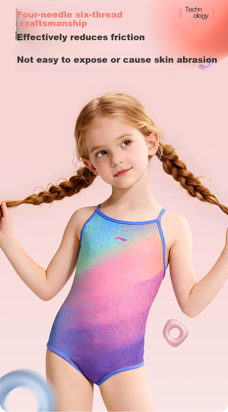 LI-NING Youth Girls Comfortable Sports One-Piece Triangle Professional Training Swimsuit 0421 Colorful 140 8