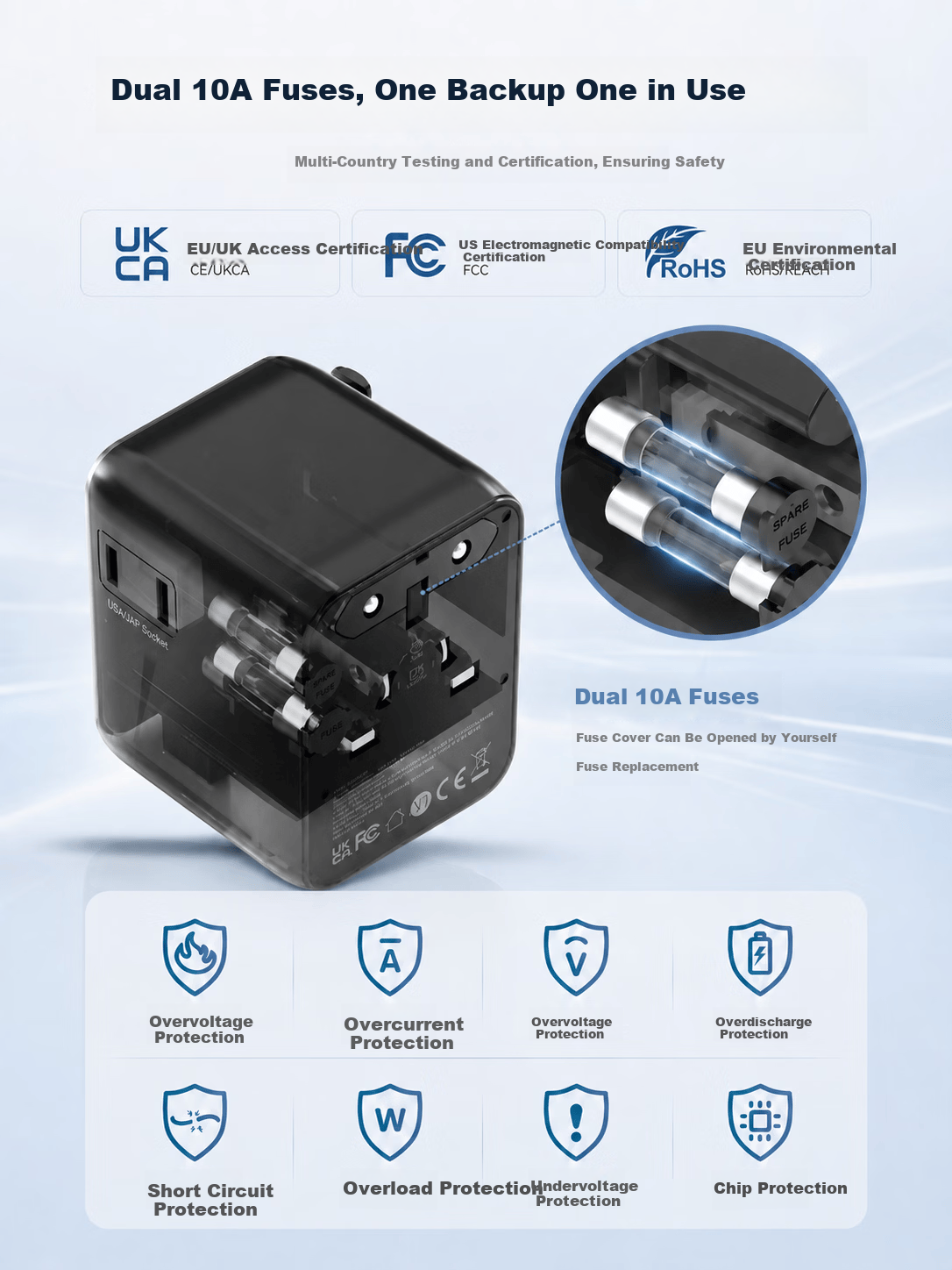 JD Global Universal Travel Adapter Multi-Country Power Socket Converter for Europe/UK/Hong Kong & Macau/USA/Japan/Malaysia 6