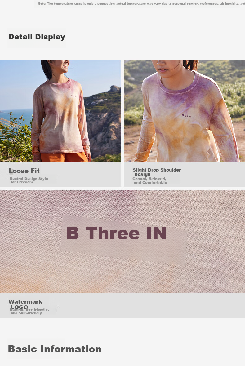 BEIN SPACE Spring New Merino Wool Handmade Tie-Dye Sports Outdoor Breathable Long Sleeve T-Shirt J026 Sunset Orange L 7