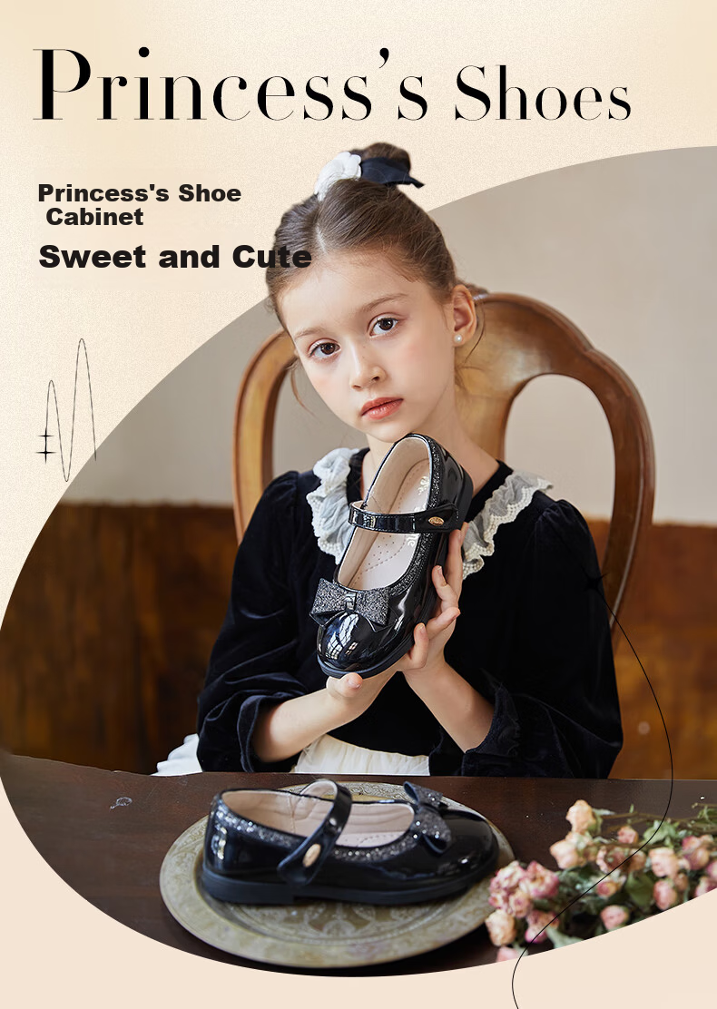 Fulomi Girls' Leather Shoes Children's Princess Mirror Soft Sole Performance Shoes Children's Single Square Toe Leather Shoes Shadow Black Size 29 1