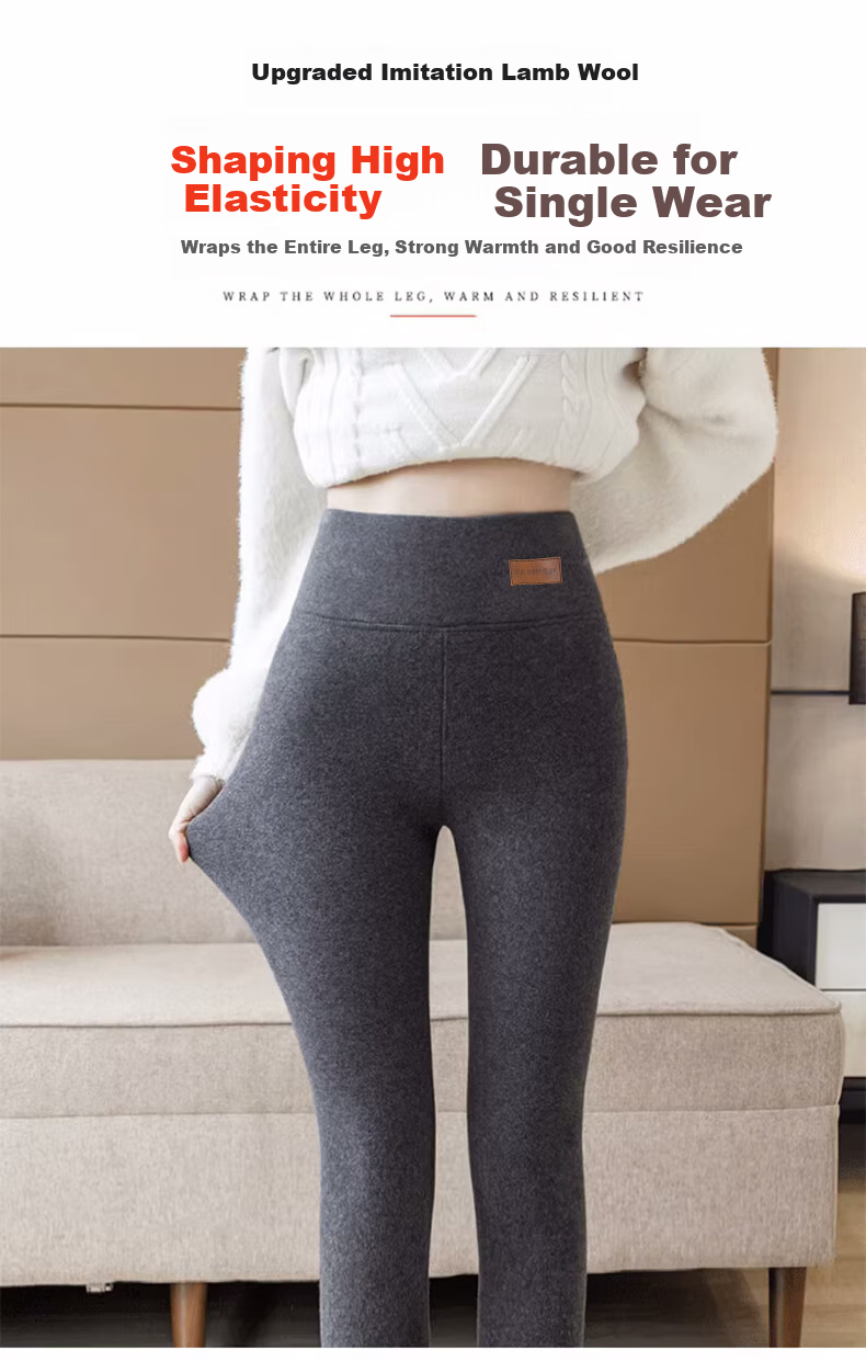 Langsha Women's Thick Fleece Lined Leggings Autumn Winter High Waist Slim Fit Plus Size Black Lamb Wool Cotton Pants 7