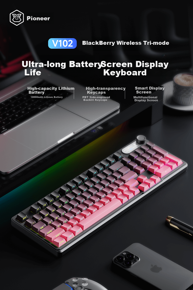 EWEADN V102 Ultra Wireless Keyboard, Bluetooth And Wired Three-Mode with Screen, Mechanical Feel, Silent, Office Film Keyboard, 99 Keys, Side Engraved, Compatible with Computers, Laptops, Tablets, IPad 2