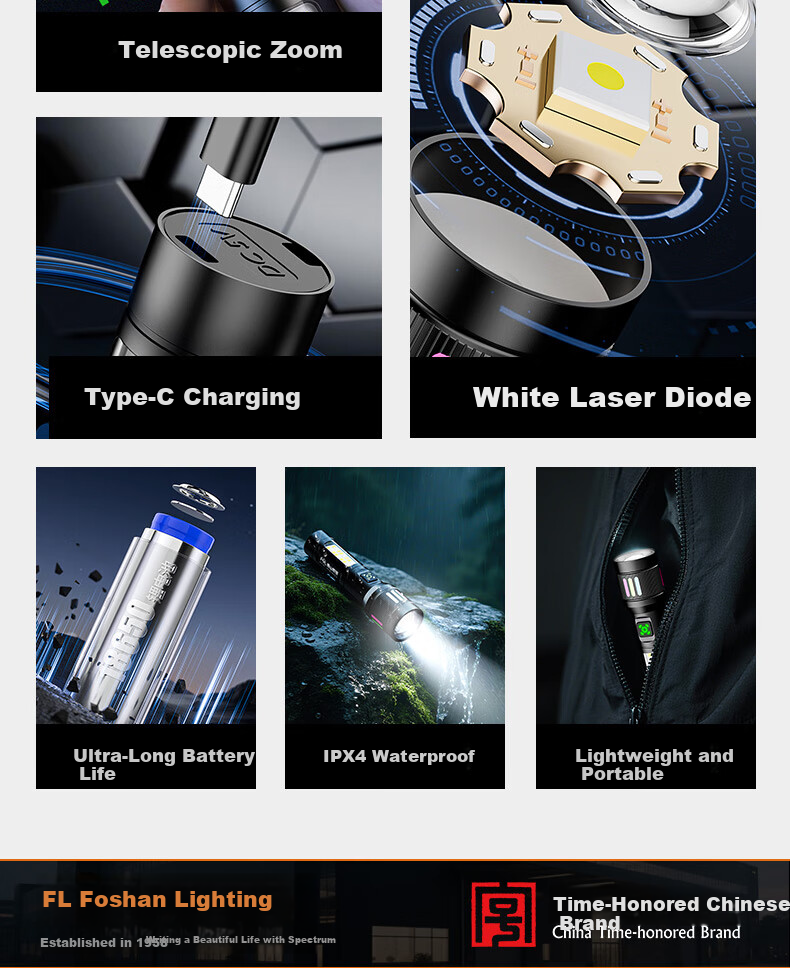 Foshan Lighting High-Power Flashlight Zoomable Long-Range Outdoor Laser Super Bright Rechargeable Portable Emergency Lighting 4