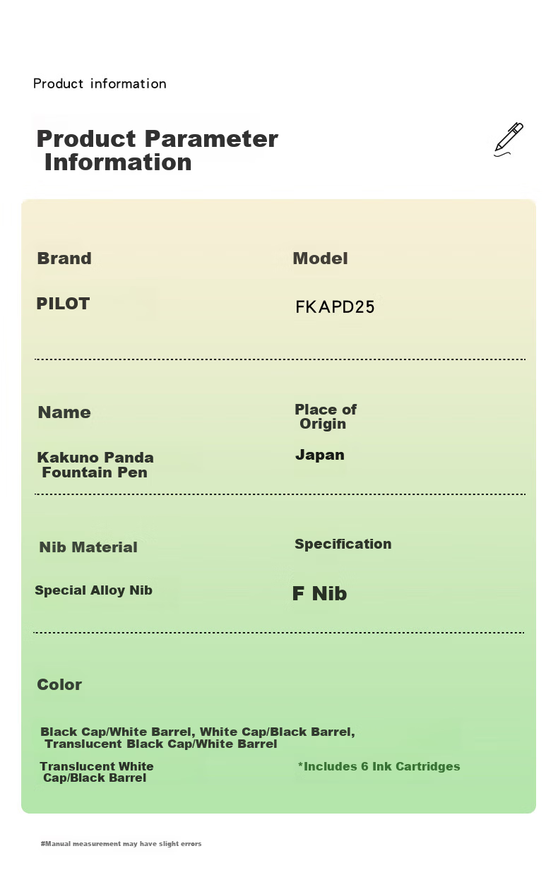 PILOT KAKUNO Smile Panda Limited Edition Fountain Pen for Elementary Students Grades 3-6 Refillable Ink Cartridge Signature Pen CA.FKAPD25DF-IC-ZH Translucent F Nib White Cap Black Barrel 7