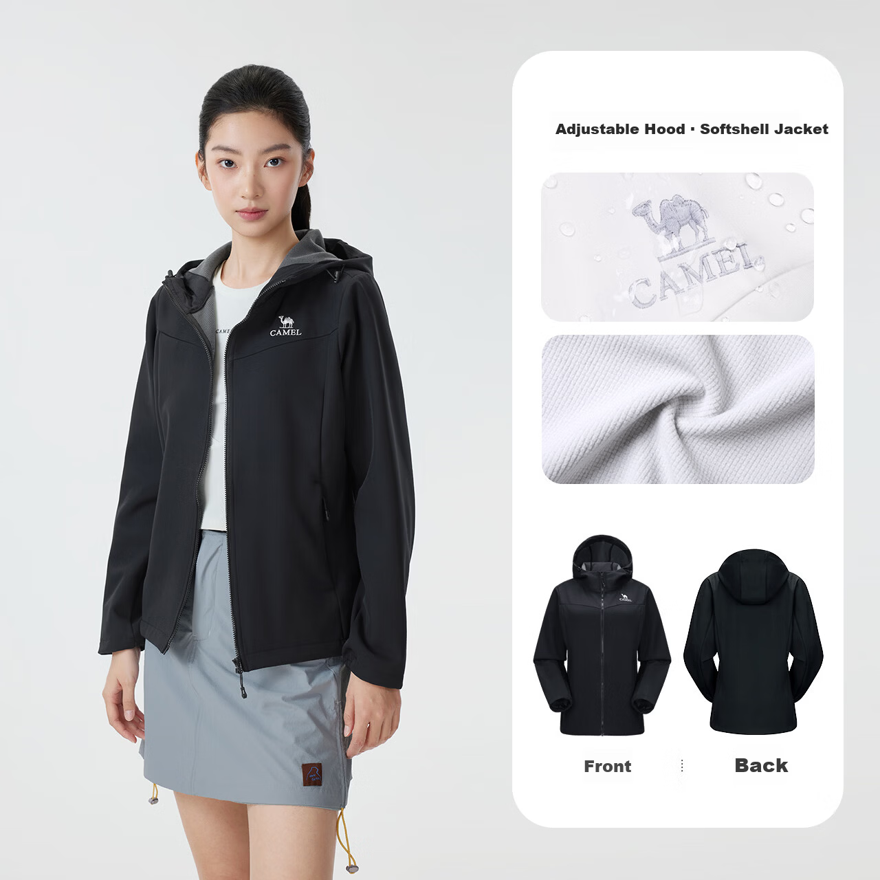 CAMEL Women's Outdoor Softshell Jacket Spring 2026 Fleece Lined Hooded Water-Repellent Tear-Resistant Anti-Static Hiking Mountaineering Coat 9012