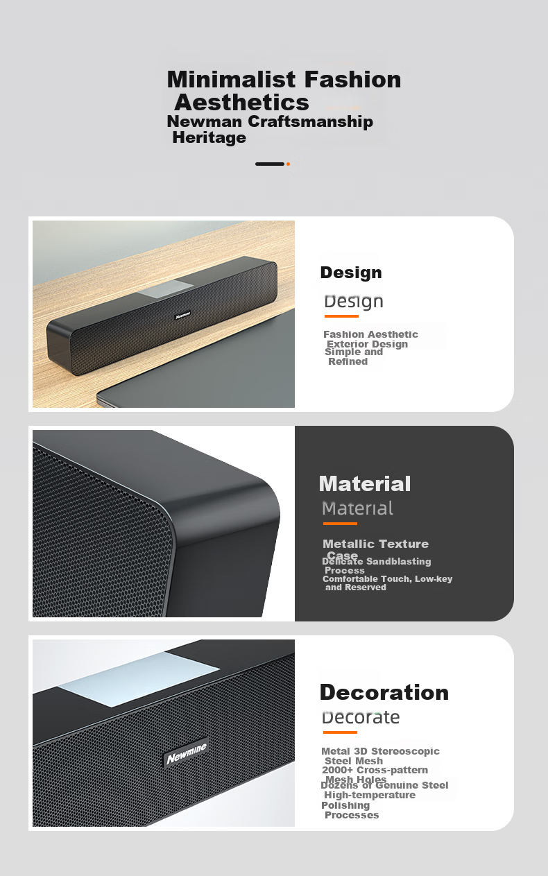 Newmine BT550 Wired Computer Speakers Desktop Home Gaming Laptop Desktop Long Bar High-Quality Wooden Sound System 3
