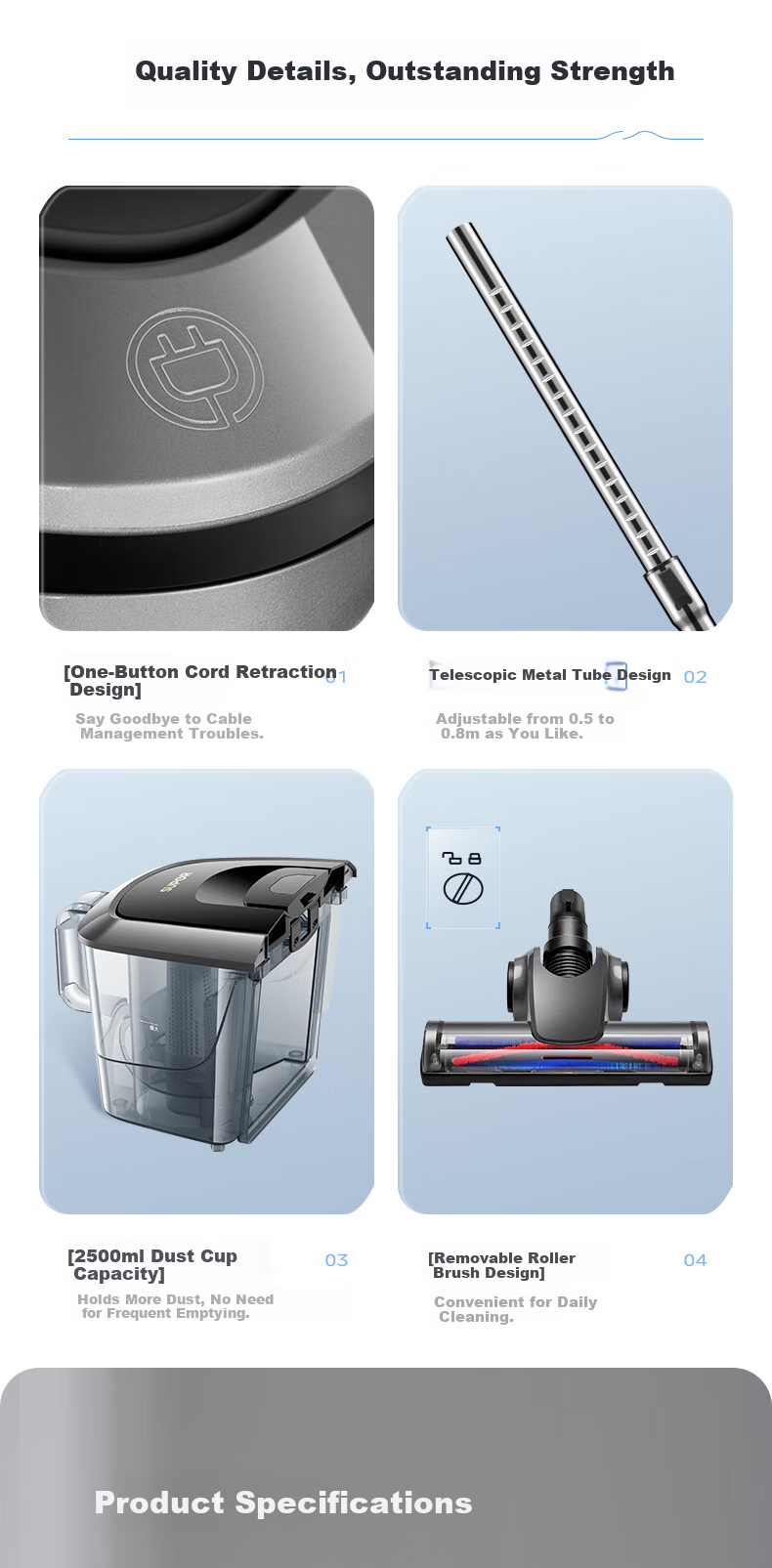 SUPOR Horizontal Vacuum Cleaner Home High Suction Carpet Cleaning Powerful Mite Removal Stepless Speed Control One-Key Cord Rewind SJ-V89CC New Year Housewarming Gift 14