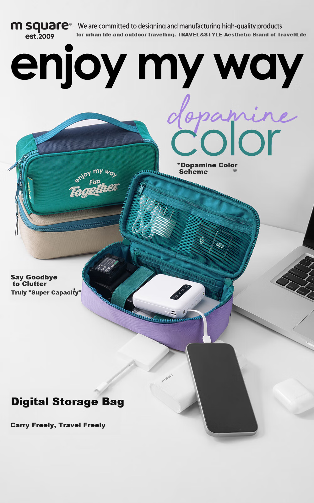 M Square Multifunctional Digital Bag Large Capacity Storage Cable Earphone Camera Organizer Portable Travel Bag Secret Green 1