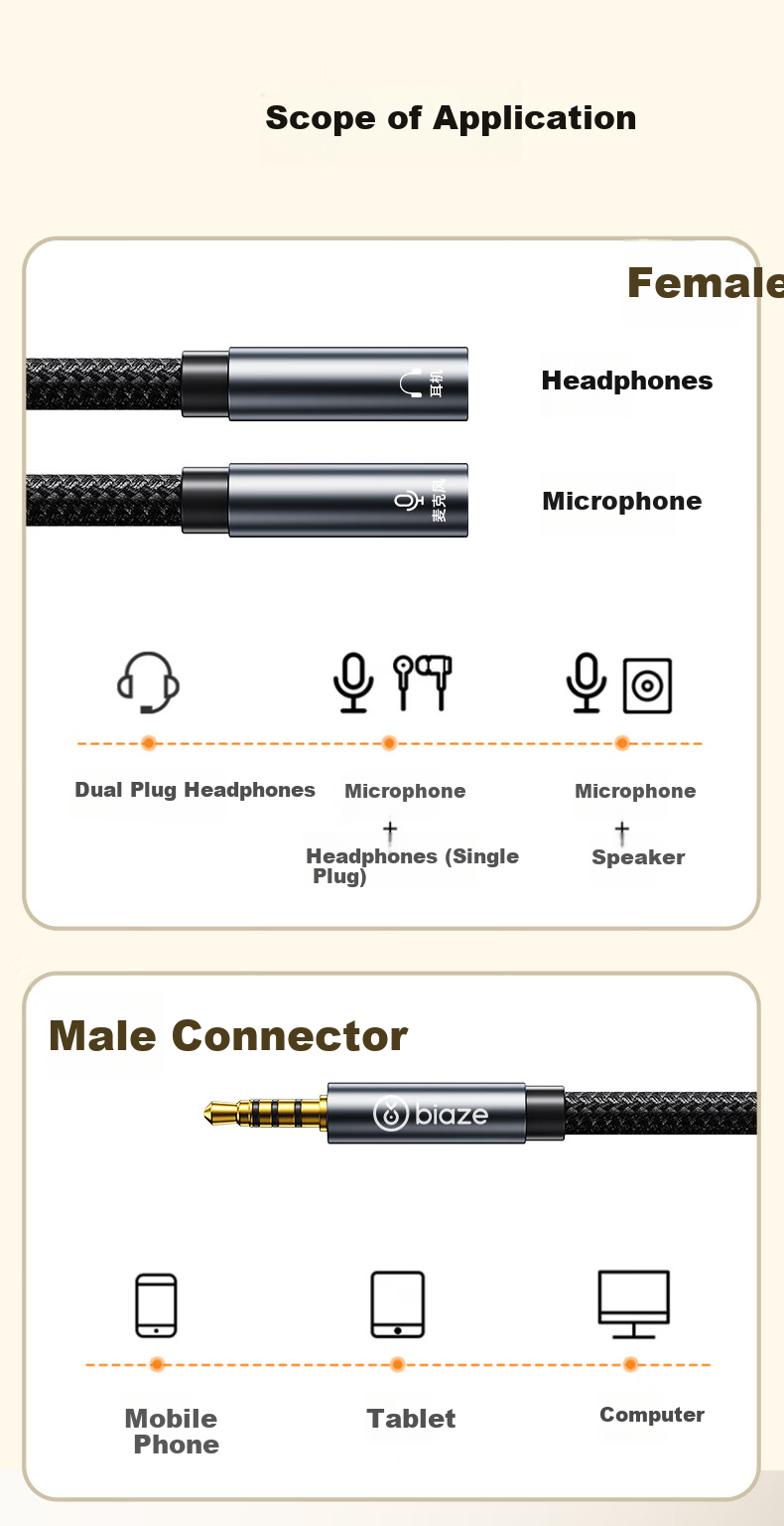 BIAZE Earphone Microphone Splitter 3.5mm Audio Cable 2-in-1 Phone Computer Adapter 0.25m Braided Black 6