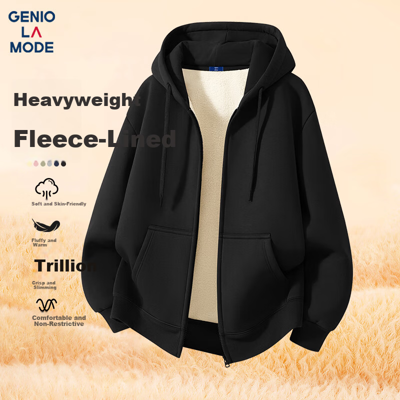 GENIOLAMODE Men's Fleece Hoodie Winter Trendy Lamb Wool Thick Warm Jacket Black L