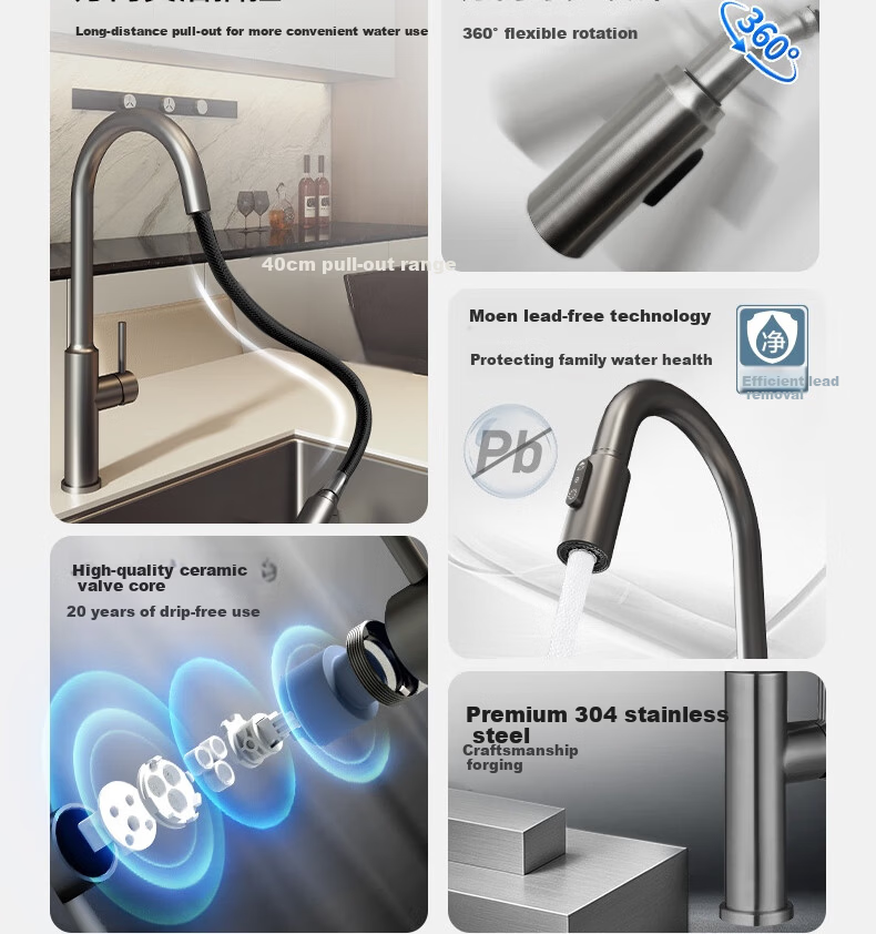 MOEN Gunmetal Kitchen Faucet Pull-Out Rotatable Multi-Function Splash-Proof 13350 3