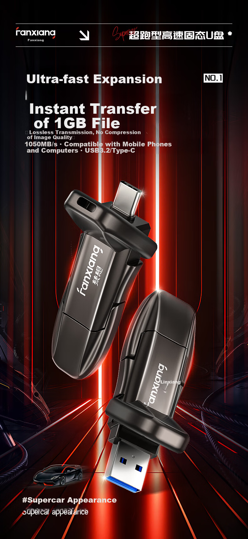 FANXIANG 256GB USB 3.2 Type-C Dual Interface SSD Flash Drive F901 500MB/s Business Car Large Capacity Universal USB Drive for Mobile and PC 1