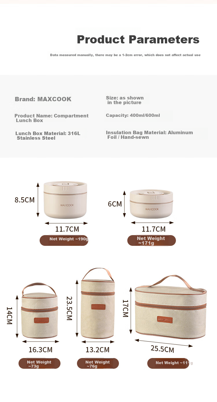 Maxcook (MAXCOOK) Insulated Lunch Box 304 Stainless Steel Microwaveable Bento Box with Bag MCFT1309 14