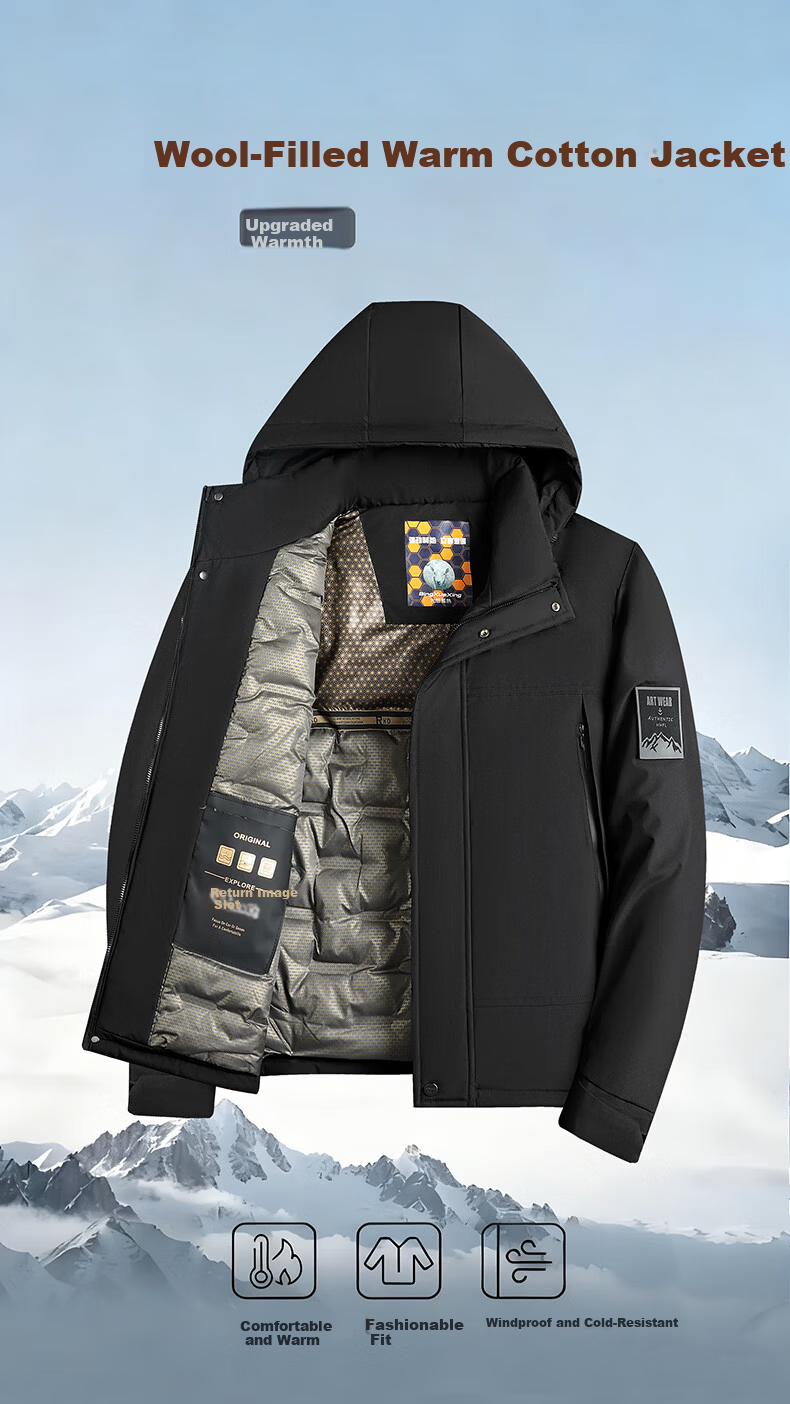 ROMON Men's Winter Wool Cotton Padded Jacket Cold-Resistant Warm Coat Ski Jacket ZH2512 Black 2XL 2