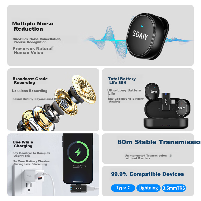 Soaiy SA-V3 Wireless Live Broadcast Microphone Clip-on Noise-Cancelling Mobile Phone Video Recording Audio Pickup Short Video TikTok Host Voice Control iOS Version