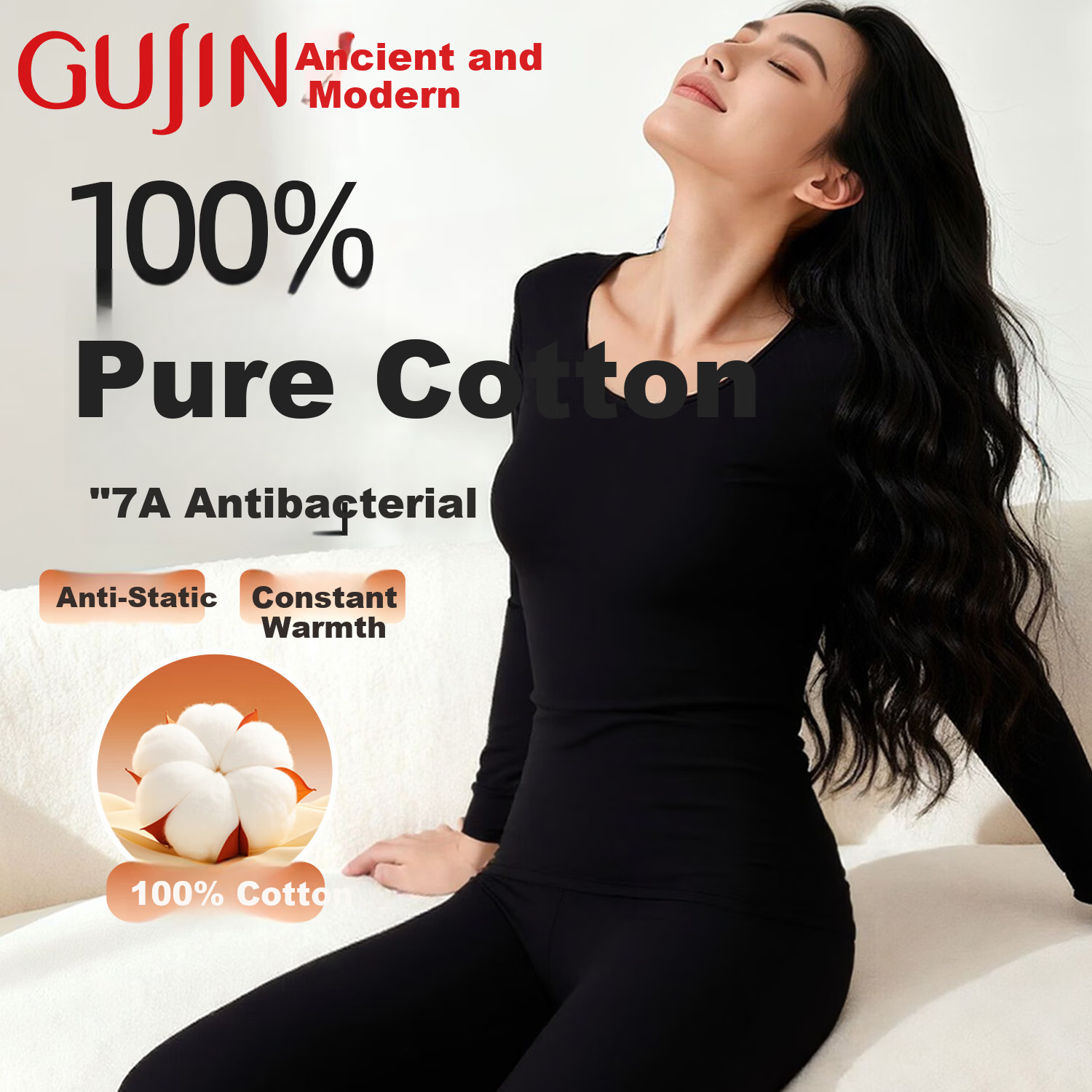GUJIN Women's Autumn Winter Thermal Underwear 100% Cotton Low Collar Seamless Anti-Static Base Layer Set