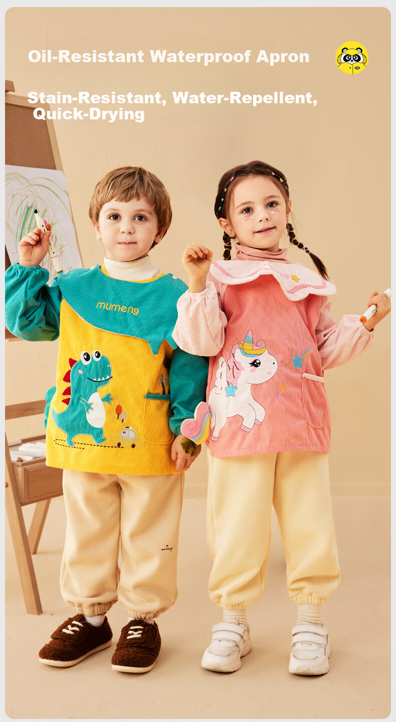 Mumeng Kids Apron Baby Feeding Bib Splash-proof Waterproof Anti-dirty Autumn Winter Reversible Unicorn Size M 3