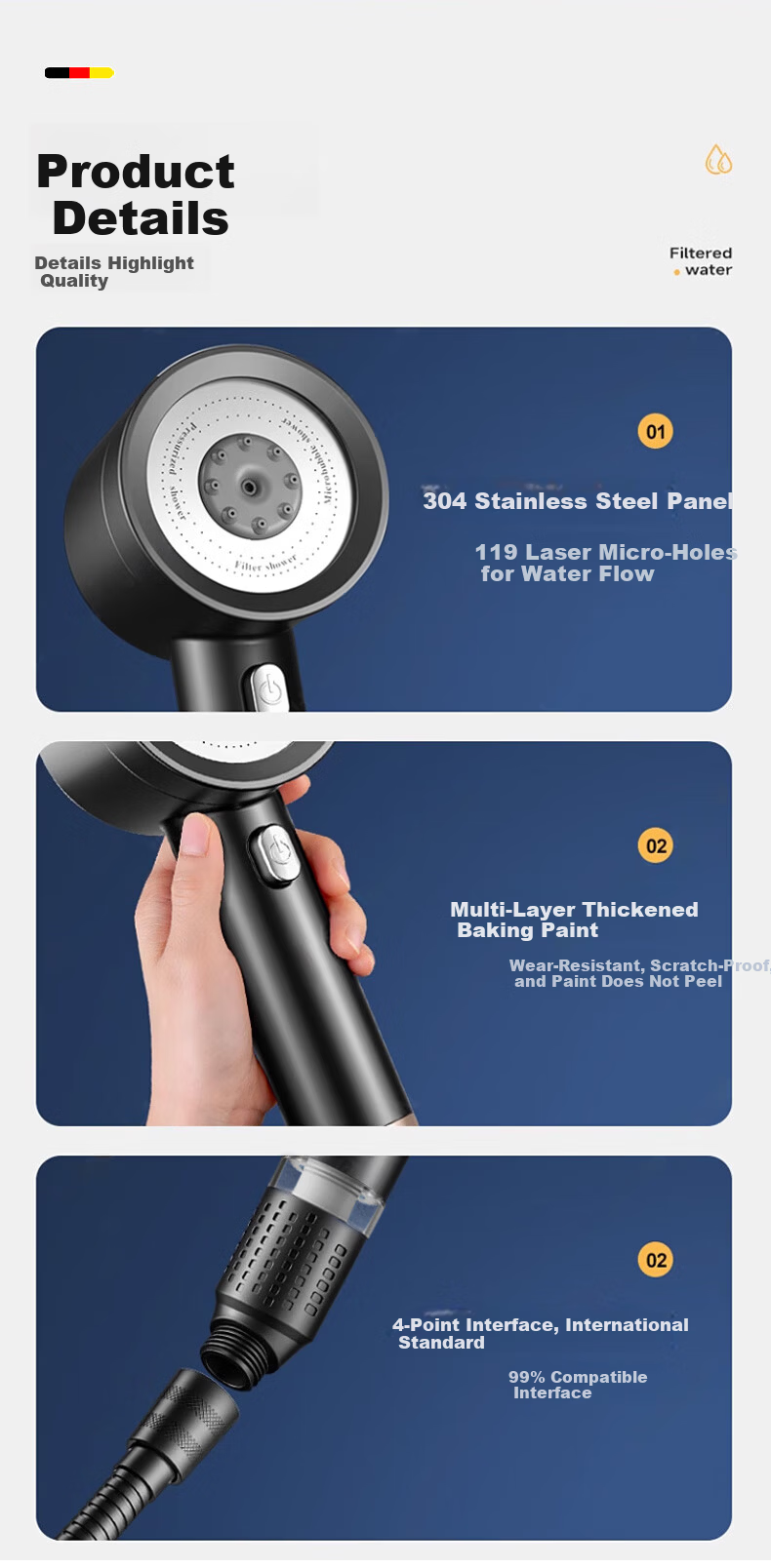 HOMK [Germany] Shower Head LP Series, High-Pressure Filtered Shower Set, Handheld Shower Head Three-Piece Set LP79 19
