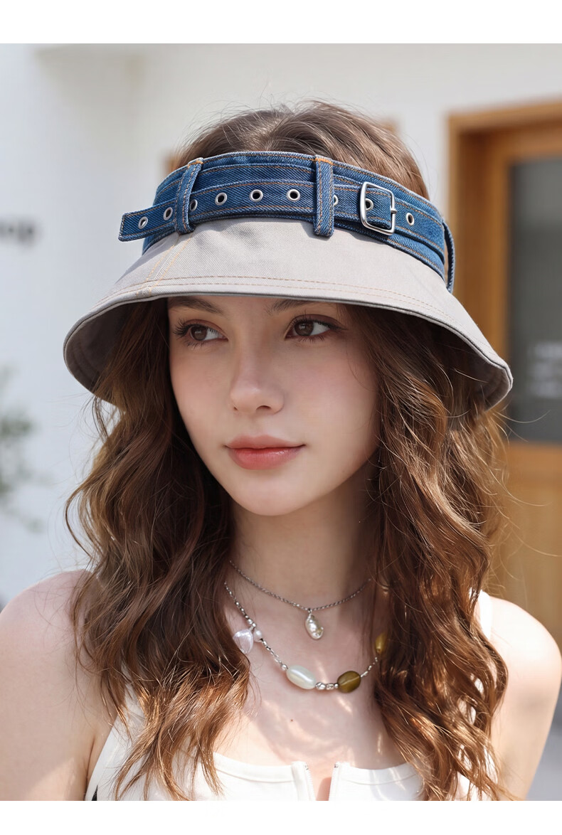 CACUSS Women's Denim Open-Top Cap Summer Sweet Cool Face-Slimming Sun Hat Outdoor Casual Foldable Sun Hat Apricot Beige 6