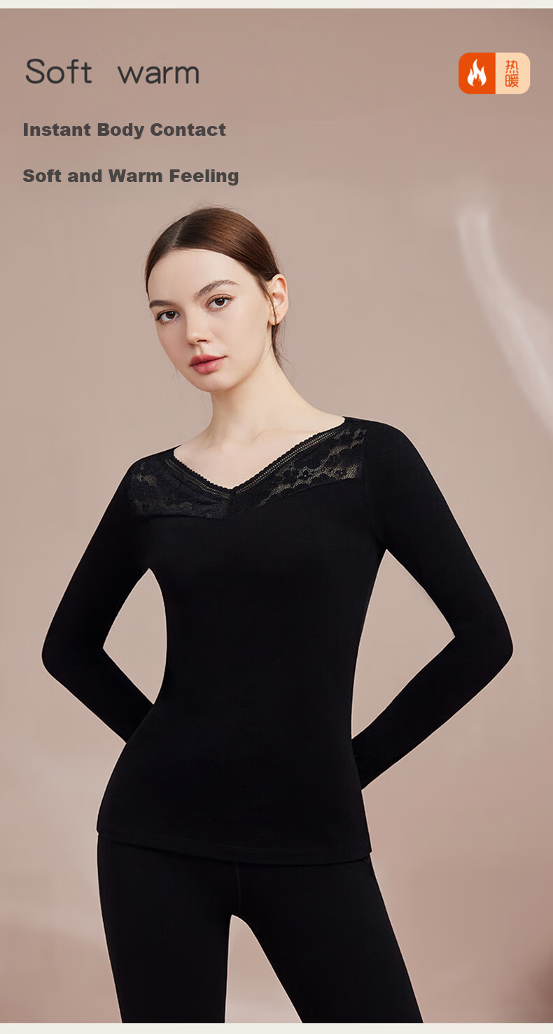 Qiulu Women's Thermal Underwear Autumn Winter Base Layer Comfortable Slim Fit V-Neck Top and Bottom Set Lotus Pink M 6