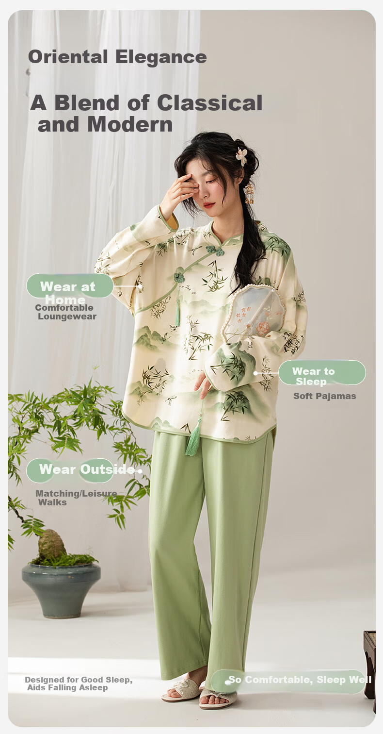Borui Guofeng 100% Cotton Women's Autumn Winter Chinese Style Bamboo Forest Print Round Neck Pullover Pajamas Suitable for Outdoor Wear 6