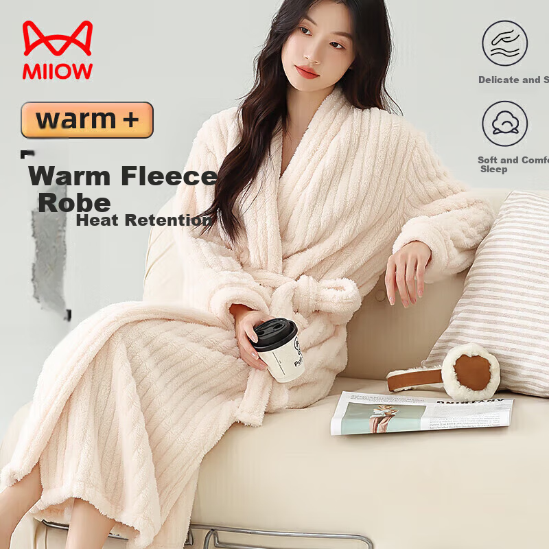 MiiOW [Warm Long Plush] Women's Couple Sleepwear Autumn Winter Striped Long Warm Simple Bathrobe Beige