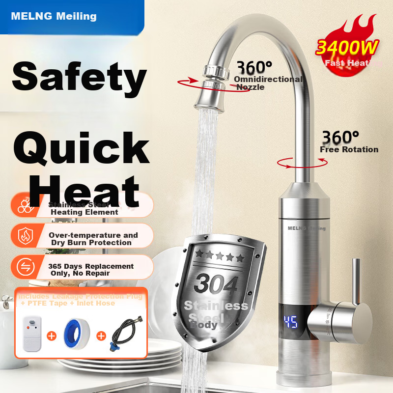 MeiLing Electric Instant Hot Water Faucet Stainless Steel Rapid Heating Kitchen Small Water Heater Household Instant Electric Water Heater Bottom Inlet Hot and Cold Dual Use with Leakage Protector MF-