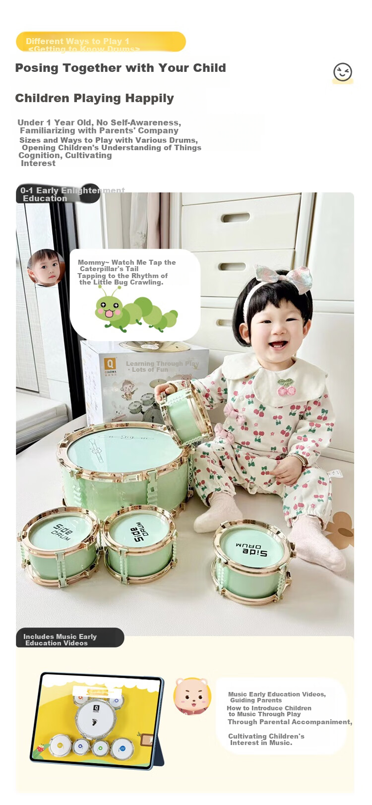 QIAO WA BAO BEI Drum Set for Home Use, Children Beginners Practice Kit, Entry-Level Professional Toy, Birthday Gift for Boys And Girls, Mid-Autumn Festival Present 10