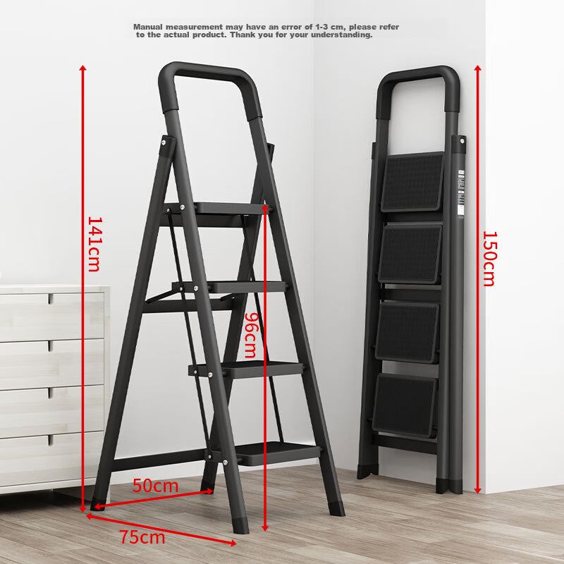 SHULIANG Household Indoor Folding Ladder Thickened Four-Step Engineering Ladder Black Obsidian Carbon Steel Ladder Height 3.2 Meters