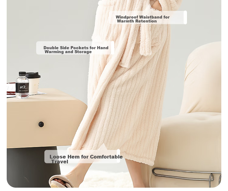 MiiOW [Warm Long Plush] Women's Couple Sleepwear Autumn Winter Striped Long Warm Simple Bathrobe Beige 4