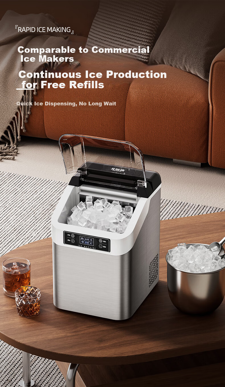 BEIJIXIONG Home Fully Automatic Large Capacity Ice Maker 30/35kg Desktop Ice Machine for Dormitory KTV Bar Internet Cafe Office Kitchen Small Appliance with 24 Ice Trays Silver Dual Power 4