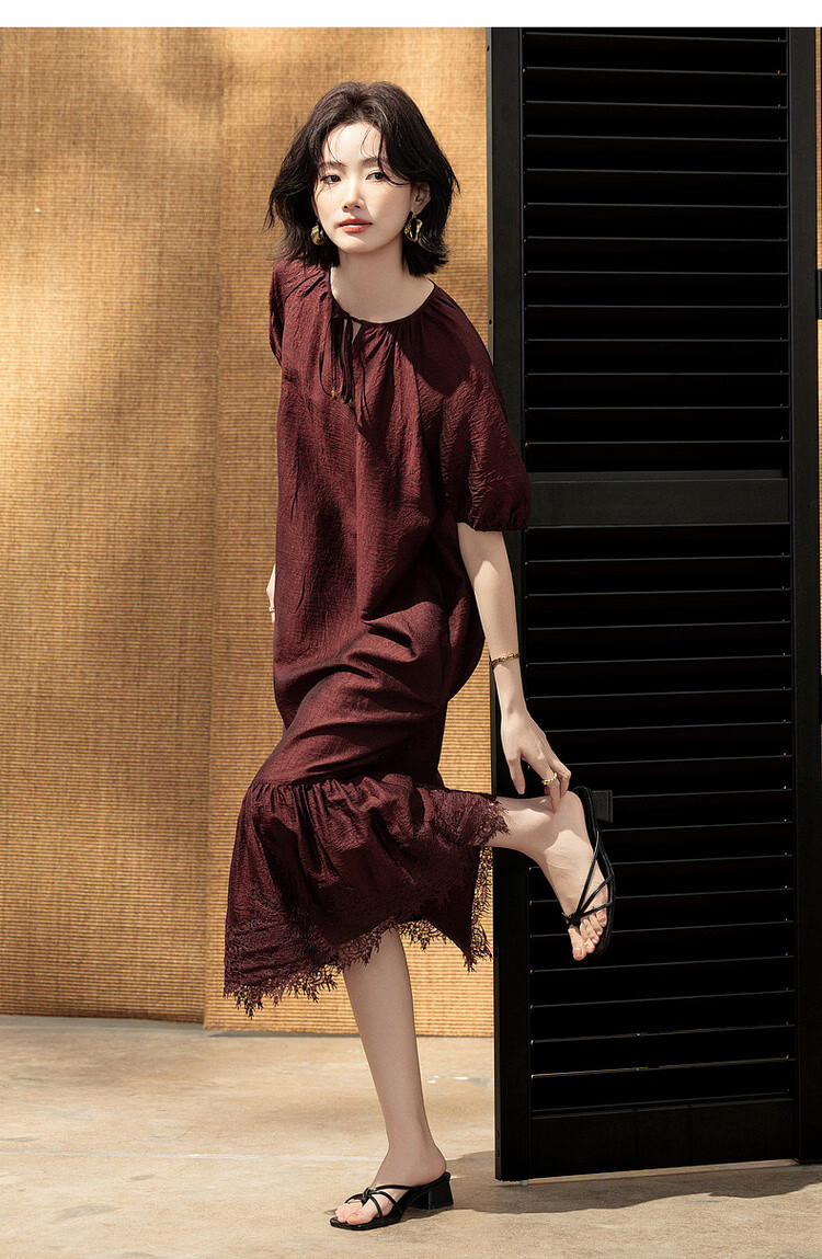 Demana Wrinkled Acetate Summer Vacation Style Tassel V-Neck Lace Splice Loose Mid-Length Women's Dress 19