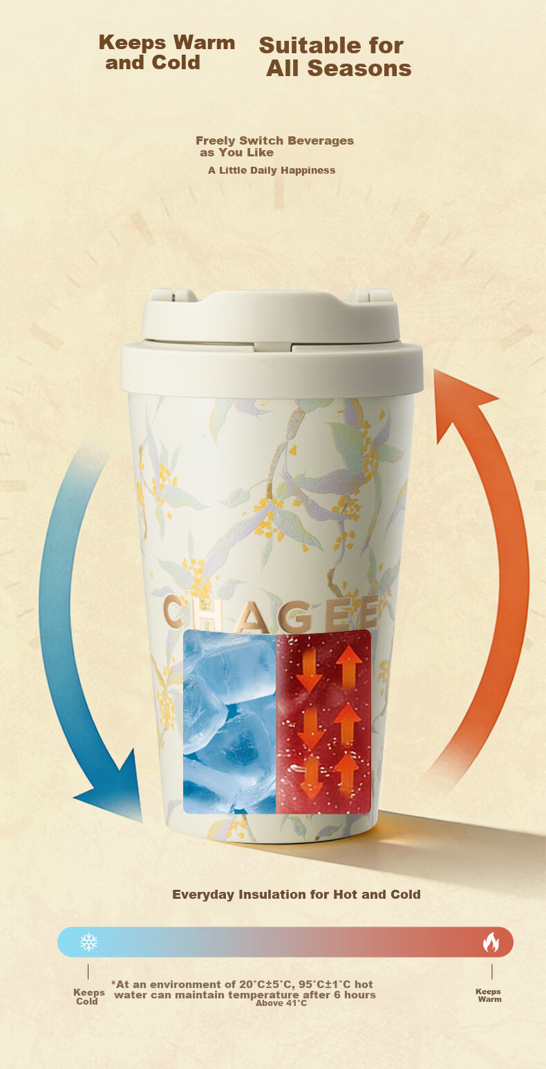 CHAGEE Insulated Mug, 316L Stainless Steel, Locking Lid Coffee Cup, Tea Cup, Children's Day Gift, Rose Bush Pink 10